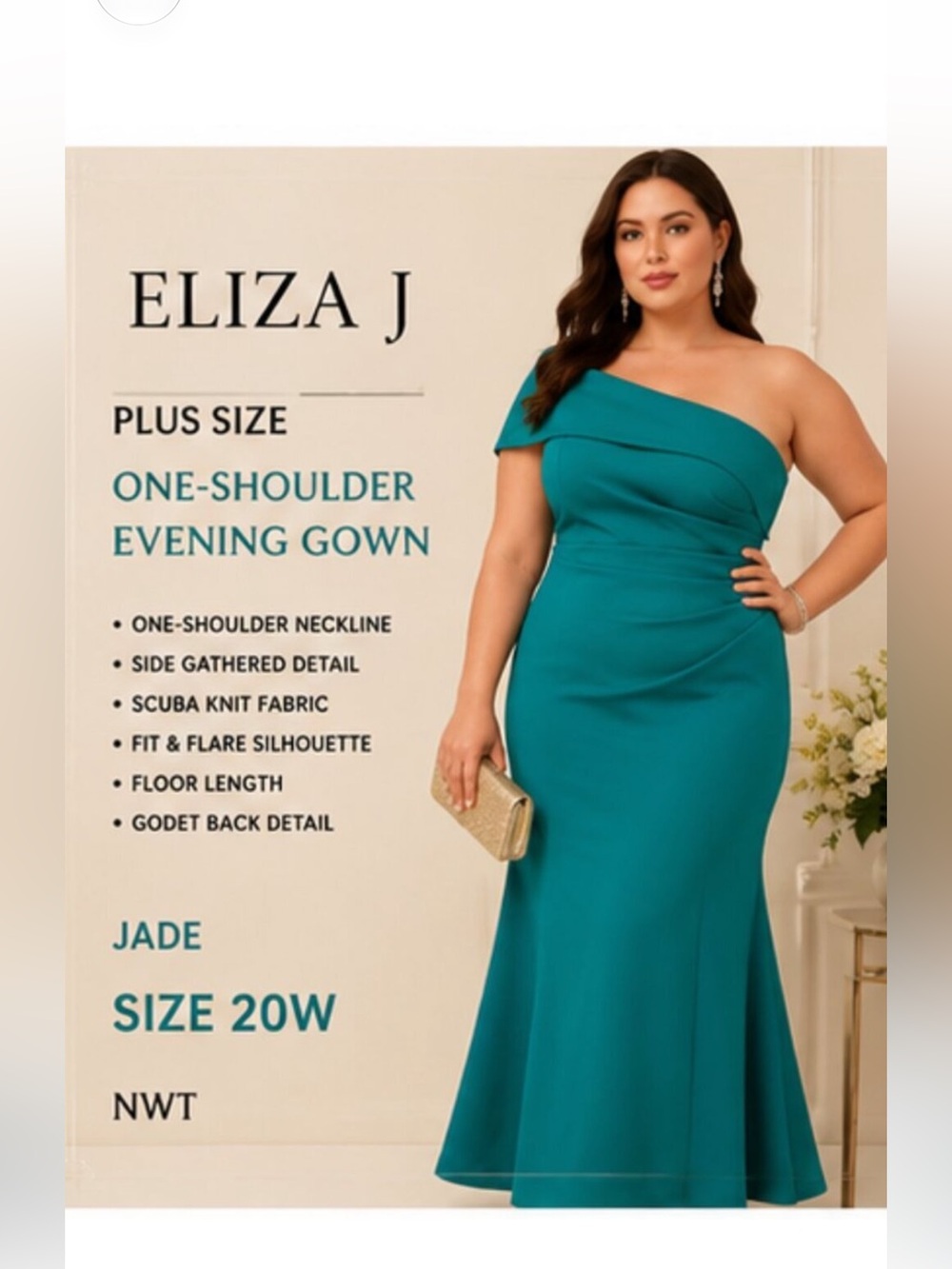 Eliza J Plus Size One-Shoulder Gown in Jade Teal